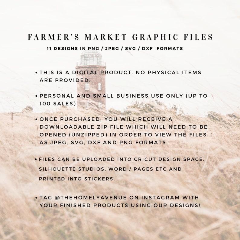 May include: A digital graphic file download for a farmer's market theme. The text reads "Farmer's Market Graphic Files" and "11 Designs in PNG / JPEG / SVG / DXF Formats". The text also includes information about the product being a digital download, for personal and small business use only (up to 100 sales), and instructions on how to use the files.