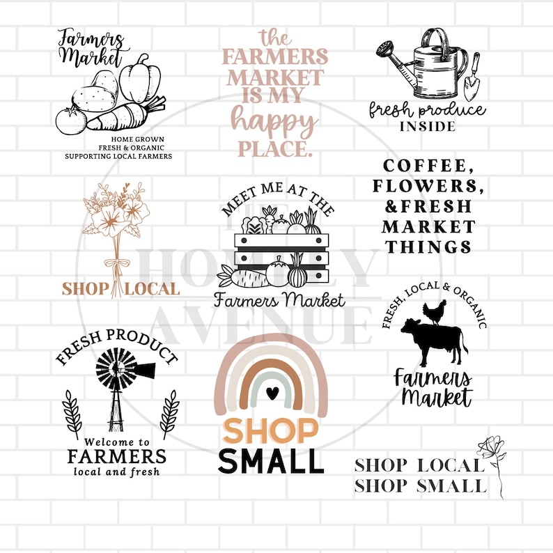 Pu&ograve; includere: Una collezione di illustrazioni in bianco e nero con testo sui mercati contadini e il sostegno alle imprese locali. Le illustrazioni includono un annaffiatoio, un cesto di prodotti, un mulino a vento, un arcobaleno e una mucca e un pollo. Il testo include frasi come "Acquista locale", "Acquista piccolo", "Prodotti freschi", "Mercato contadino" e "Incontrati al mercato contadino".