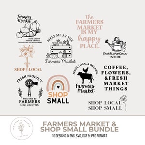 Pu&ograve; includere: Un set di 10 design digitali con temi di mercato contadino e acquisti in piccoli negozi. I design includono illustrazioni di un mercato contadino, un annaffiatoio, una mucca, un mulino a vento, un arcobaleno e testo che dice "Acquista locale" e "Acquista piccolo".