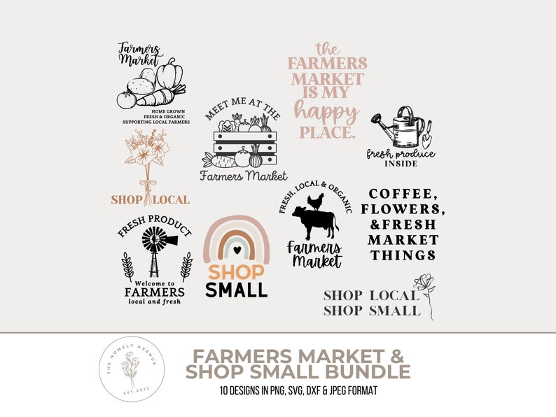 Pu&ograve; includere: Un set di 10 design digitali con temi di mercato contadino e acquisti in piccoli negozi. I design includono illustrazioni di un mercato contadino, un annaffiatoio, una mucca, un mulino a vento, un arcobaleno e testo che dice "Acquista locale" e "Acquista piccolo".