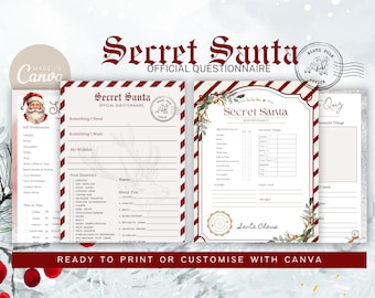 May include: Printable Secret Santa questionnaire with a red and white striped background. The questionnaire includes sections for gift preferences, interests, and a "this or that" section. The text "Secret Santa Official Questionnaire" is at the top of the page.