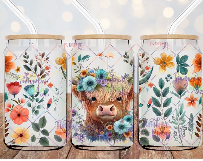 UV DTF Glass Can Wrap , Highland Cow Can Wrap , Cute Cow Glass Can Wrap, Glass Tumbler Wrap , 16oz Tumbler Wrap