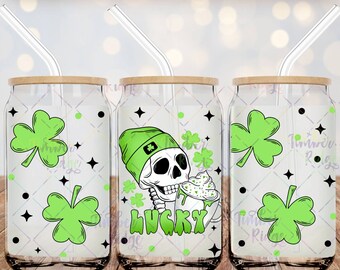UV DTF Glass Can Wrap , St Patrick's Day Skellie Can Wrap, St Patty's Day Tumbler Wrap , 16oz Tumbler Wrap , Shamrock Can Wrap