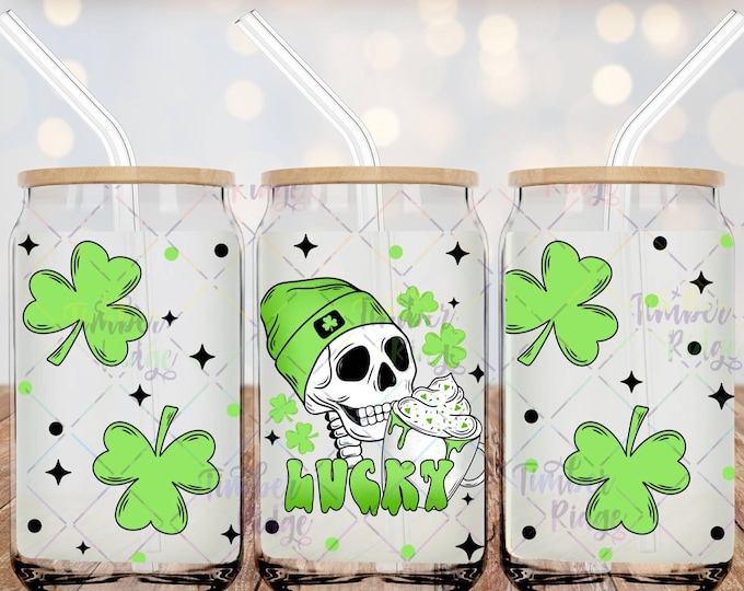 UV DTF Glass Can Wrap , St Patrick's Day Skellie Can Wrap, St Patty's Day Tumbler Wrap , 16oz Tumbler Wrap , Shamrock Can Wrap