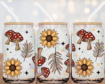 UV DTF Glass Can Wrap , Mushroom Sunflower Glass Can Wrap, Glass Tumbler Wrap , 16oz Tumbler Wrap