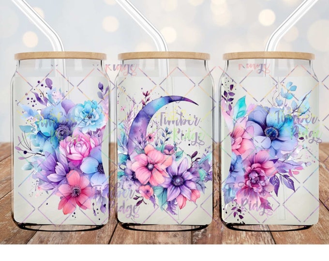 UV DTF Glass Can Wrap , Pretty Floral Can Wrap,  Floral Moon Glass Tumbler Wrap , 16oz Tumbler Wrap