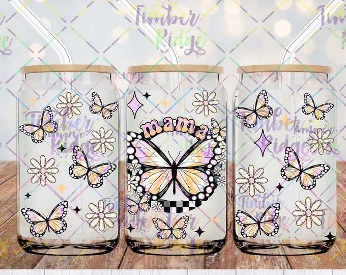 UV DTF Glass Can Wrap , MAMA Butterfly Can Wrap, Floral Glass Tumbler Wrap , 16oz Tumbler Wrap