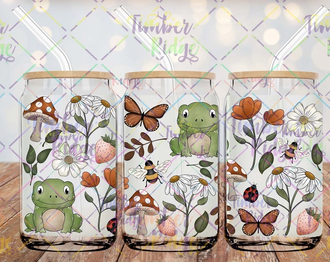 UV DTF Glass Can Wrap , Frog and Butterfly Glass Can Wrap, Glass Tumbler Wrap , 16oz Tumbler Wrap