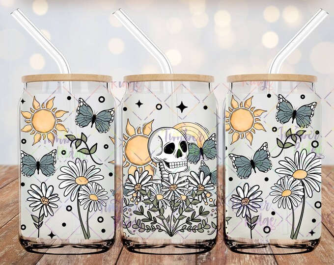 UV DTF Glass Can Wrap , Floral Skull Glass Can Wrap, Skellie Glass Tumbler Wrap , 16oz Tumbler Wrap