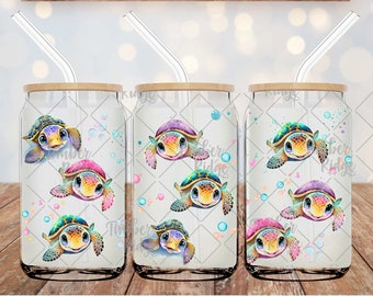 UV DTF Glass Can Wrap , Cute Turtle Glass Can Wrap, Glass Tumbler Wrap , 16oz Tumbler Wrap