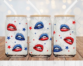 UV DTF Glass Can Wrap , Patriotic Lips Glass Can Wrap, Glass Tumbler Wrap , 16oz Tumbler Wrap , Fourth of July Can Wrap