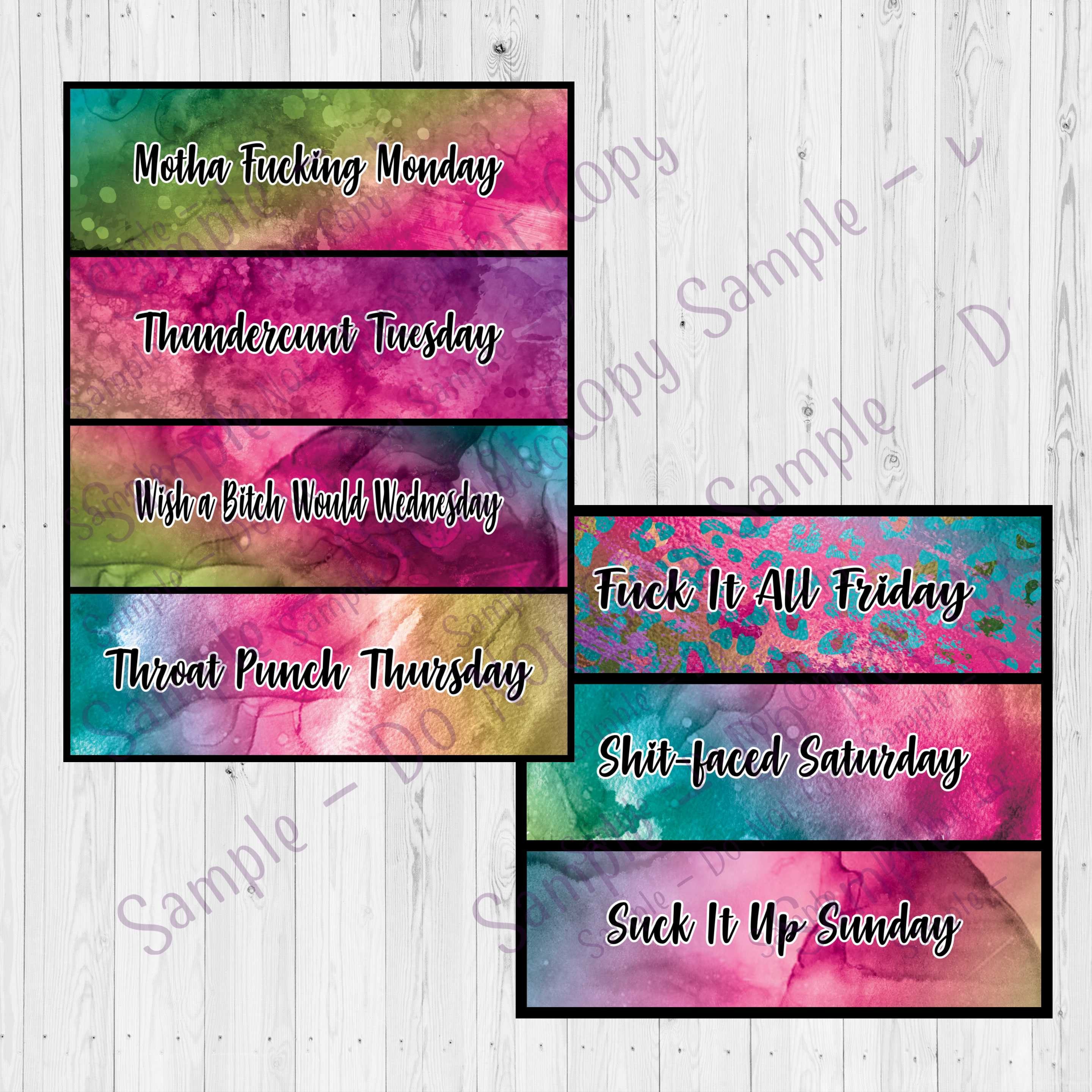 Snarky Days of the Week Pen Wraps, Clear Cast Pen Wraps, Sassy Pen Wraps, Weekday Pen Wraps, Vinyl Pen Wrap