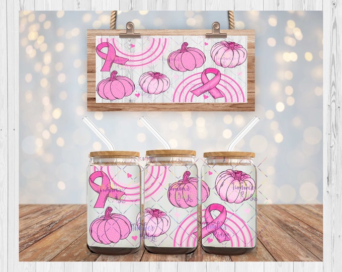 UV DTF Glass Can Wrap , Pink Pumpkins Breast Cancer Glass Can Wrap, Glass Tumbler Wrap , 16oz Tumbler Wrap