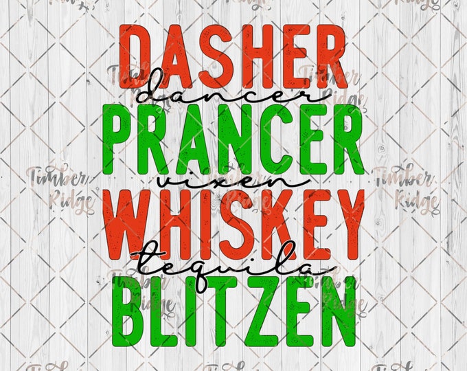UV DTF Decal , Drinking Reindeer , Dasher Dancer Prancer Vixen Whiskey Tequila Blitzen ,  Christmas Tumbler Decal