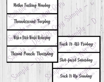 Digital Download - Sassy Days of the Week Pen Wrap , Pen Wrap Digital Downloads , Cuss Days of the Week Pen Wrap , Rainbow Pen Wrap