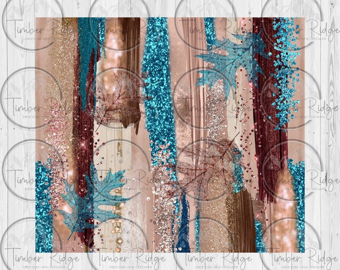 Fall rose gold teal strokes leaves- Clear Cast Tumbler Wrap - Vinyl
