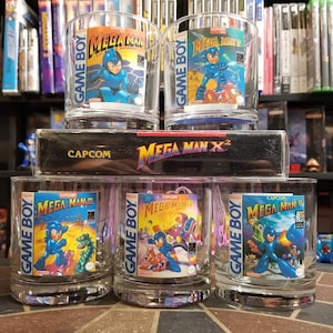 Mega Man I, II, III, IV and V Nintendo Gameboy Box Art Custom Whiskey Glasses