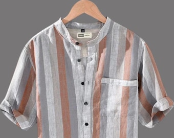 Rustic Cotton Kurta Shirt: Earth-Tone Striped Mandarin Collar