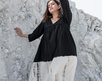 Tie-Dye Dress Women Dress, Long women dress, oversize dress, Loose fit high waist linen dress with 3/4 sleeves, Gift for her.