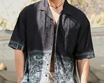 Abstract Ombre Hawaiian Shirt: Short Sleeve Oversized Button-Up