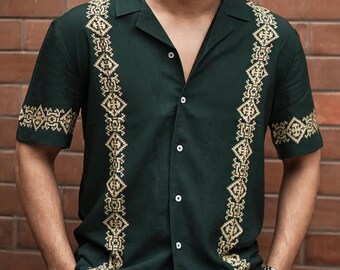 Men's Brown Panel Rayon Shirt: Short Sleeve Festive Button-Up