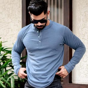 Handmade Waffle Knit Henley, Men Henley Shirt, Long Sleeve Cotton Henley Shirt, button Up Shirt, Vintage men henley shirt, Gift for him