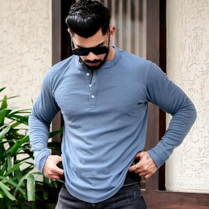 Handmade Waffle Knit Henley, Men Henley Shirt, Long Sleeve Cotton Henley Shirt, button Up Shirt, Vintage men henley shirt, Gift for him