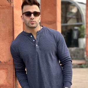 Henley fait main en tricot gaufré, chemise à col boutonné homme, chemise à col boutonné en coton à manches longues, chemise boutonnée, chemise à col boutonné vintage pour homme, cadeau pour lui