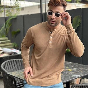 Handmade Waffle Knit Henley, Men Henley Shirt, Long Sleeve Cotton Henley Shirt, button Up Shirt, Vintage men henley shirt, Gift for him