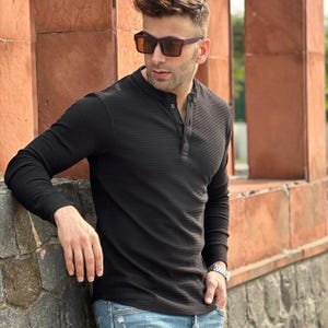 Handmade Waffle Knit Henley, Men Henley Shirt, Long Sleeve Cotton Henley Shirt, button Up Shirt, Vintage men henley shirt, Gift for him