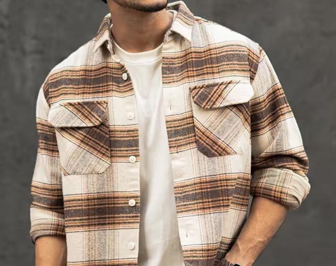 Handmade 90s Vintage Wool Plaid Flannel Shirt: Men's Heavyweight Jacket