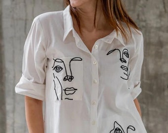 Artsy embroidery women shirt, Feminism Women top, Handcrafted Button down women shirt, Artwork women top, Women&#39;s gifts, Gift for her.