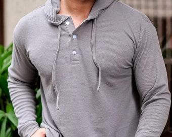 Handmade Grey Waffle Knit Henley Hoodie: 100% Cotton