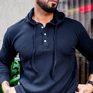Handmade Waffle Knit hooded neck henley shirt for men, Long sleeve with ribbed cuffed for perfect fit henley shirt, Best gift shirt for men