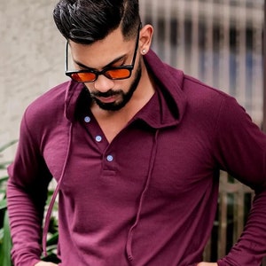 Handmade Wine Waffle Henley with attached hoodie men shirt, Long sleeve with ribbed cuffed for perfect fit henley shirt, Gift henley shirt
