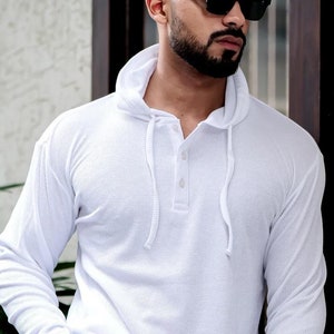 Handmade white Waffle henley hoodies men shirt, Long sleeve with Button up men shirt, perfect vintage henley shirt, Best gift shirt for men