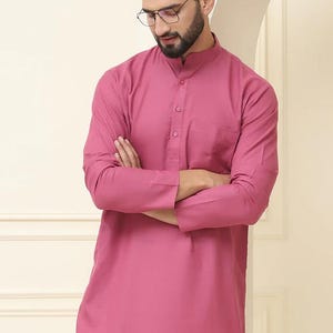Cotton Linen Pink Kurta set, Wedding Kurta, Christmas indian Button up men kurta, Ethnic long sleeve kurta, Wedding kurta, Party wear kurta