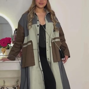 Earthen Oversized Patch Dress Trench Coat, Cotton Blend Streetwear Jacket Front Button Closure, Oversized Coat, Gift for her, Vintage style