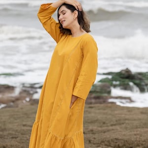 Handmade Yellow Midi Dress, Casual Cocoon Style, Quarter sleeve dress, Loose Fit Cotton Dress ELISABETH, Perfect for Spring & Summer