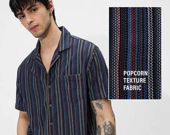 Striped Popcorn Texture Resort Shirt: Men's Relaxed Fit Cotton Blend