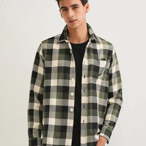 Vintage 90s Wool Plaid Flannel Shacket: Green Checks Oversized Heavyweight Shirt