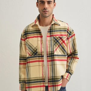 Vintage 90s Wool Plaid Flannel Shacket: Cream Checks Oversized Heavyweight Shirt