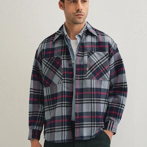 Vintage 90s Wool Plaid Flannel Shacket: Blue And Red Checks Oversized Heavyweight Shirt