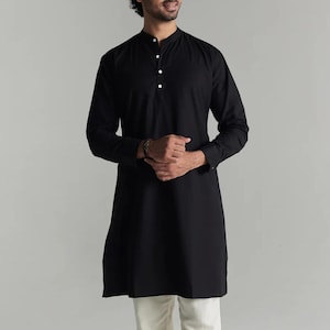 Black Airy Linen Long Kurta, Linen men&#39;s kurta, Solid kurta, Ethnic Indian kurta for men, M,XL,2XL,3XL,4XL kurta, Summer men button kurta