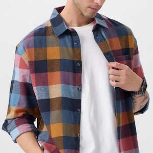 Plaid flannel men&#39;s shirt, Flannel over shirt for men, Button down men flannel shirt, Boyfriend flannel shirt, Valentines day gift, Men gift