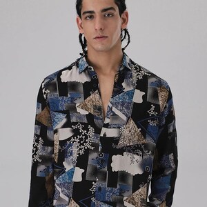 Men&#39;s geometric print button-Up shirt, Long sleeve men shirt, summer shirt, Printed button up, Gift for husband, Gift for him, hawaii shirt
