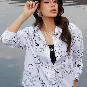 Doddle Button Up Shirt, Women Collared Shirt, Women oversized top, Long Sleeve Top, Collared Blouse, Button Down Shirt, Modest Top Women