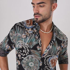Men&#39;s geometric print button-Up shirt, Long sleeve men shirt, summer shirt, Printed button up, Gift for husband, Gift for him, hawaii shirt