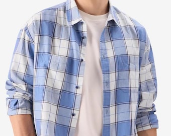 90s Vintage Plaid Flannel Shirt: Cotton-Wool Blend Oversized Fit
