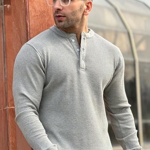 Handmade Waffle Knit Henley, Men Henley Shirt, Long Sleeve Cotton Henley Shirt, button Up Shirt, Vintage men henley shirt, Gift for him